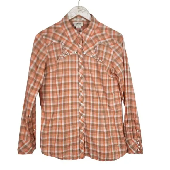 ARIAT Top Womens Large Orange Plaid Pearl Snap Western Shirt Beaded Bling Fitted - Picture 1 of 8